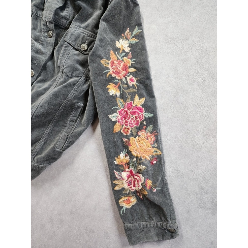 Johnny Was Workshop Corduroy Floral Embroidered Trucker Jacket Womens L Gray - Picture 6 of 14